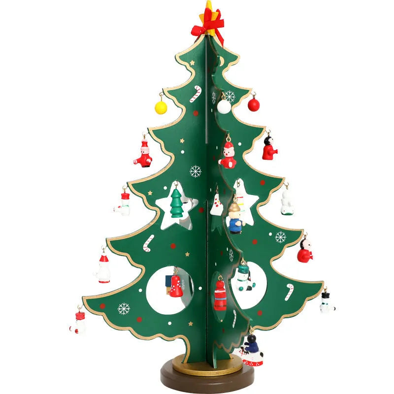 Hand-painted wooden Christmas tree decoration in red and green colours for desktop display
