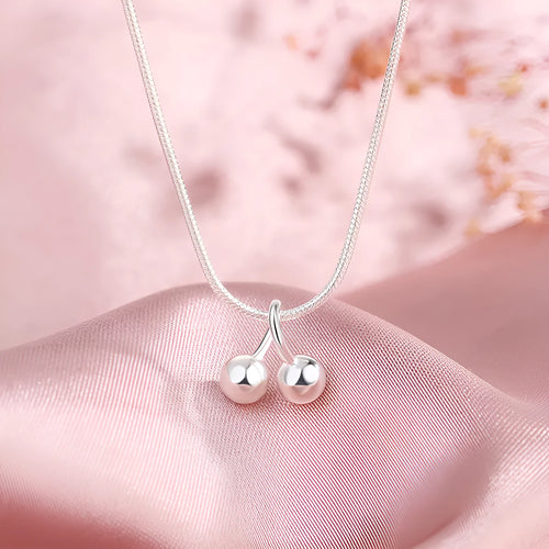 Sterling silver cherry necklace with adjustable snake bone chain, 21-50cm length