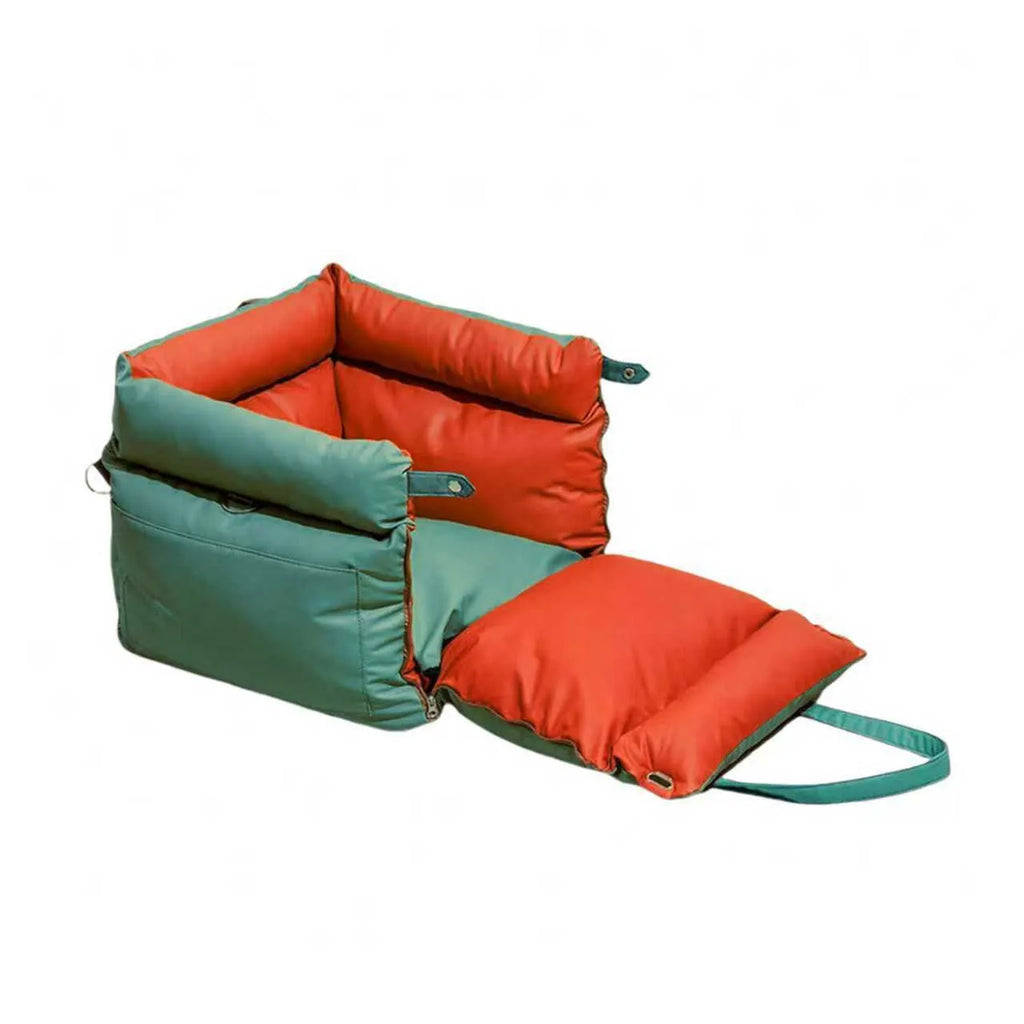 Green removable cover dog car nest with waterproof PU leather, shown next to a car seat.