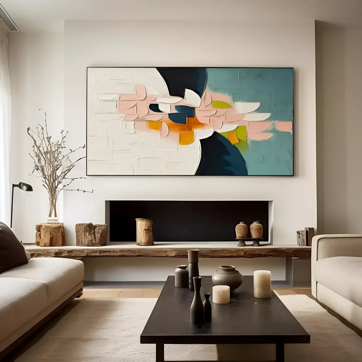 Handmade oil painting canvas wall art with thick palette knife floral texture in horizontal format