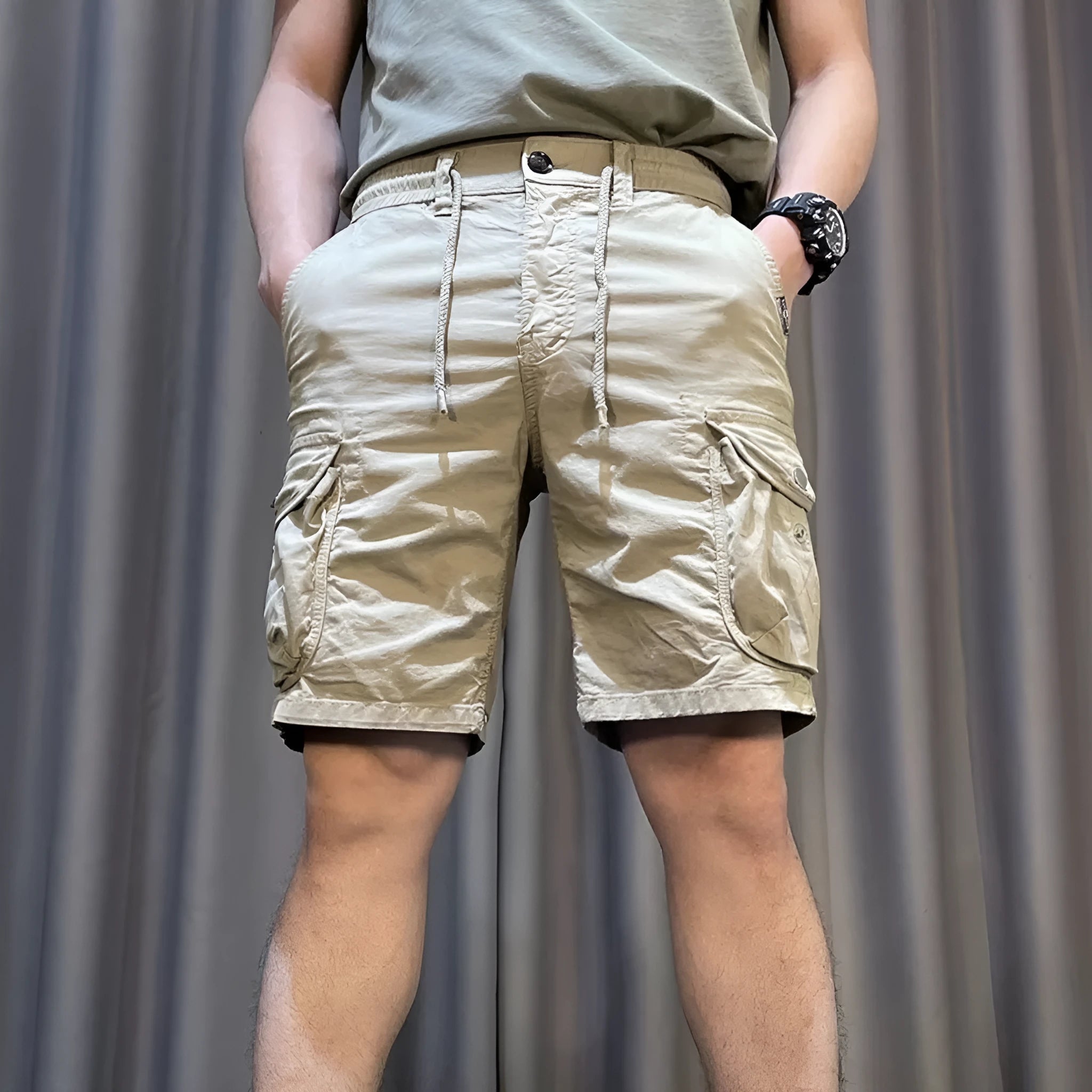 Korean-style loose straight overalls pants with multiple pockets in khaki colour