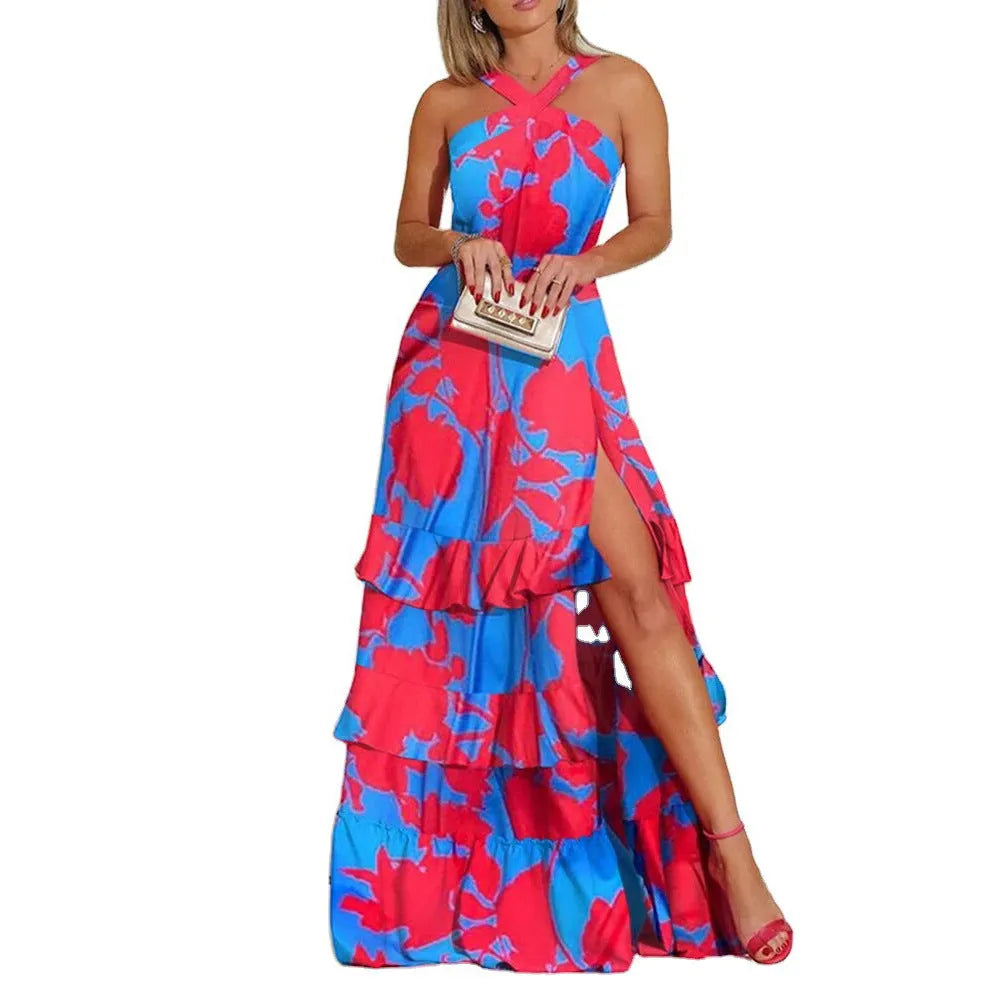 Bohemian printed sleeveless long dress in milk silk fabric with high waist, blue colour