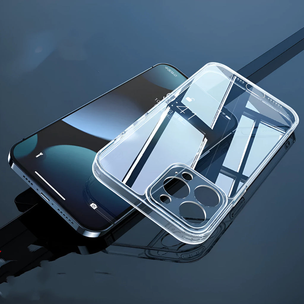 Transparent magnetic MagSafe iPhone case with tempered glass back, TPU frame, and 38 fan-shaped magnets