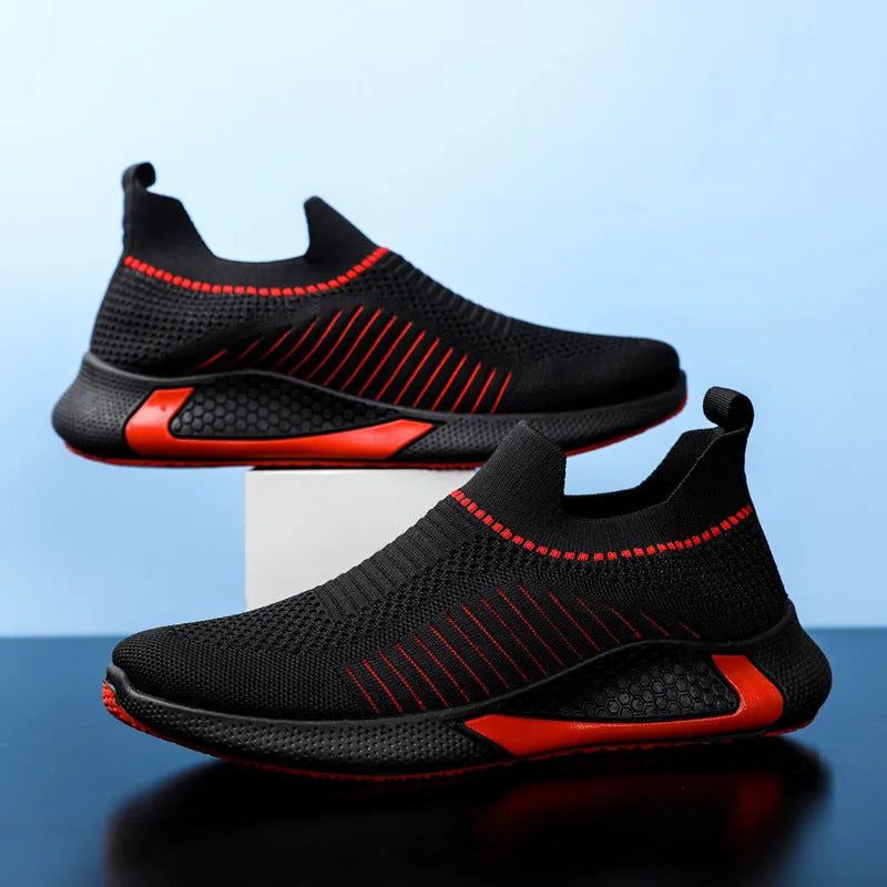 Men's mesh sock sneakers with striped design and lace-up front closure