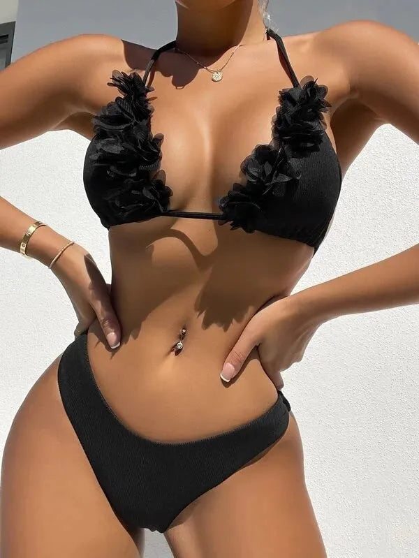Han black women's two-piece polyester bikini set with gathered design.