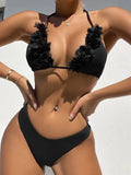 Han black women's two-piece polyester bikini set with gathered design.
