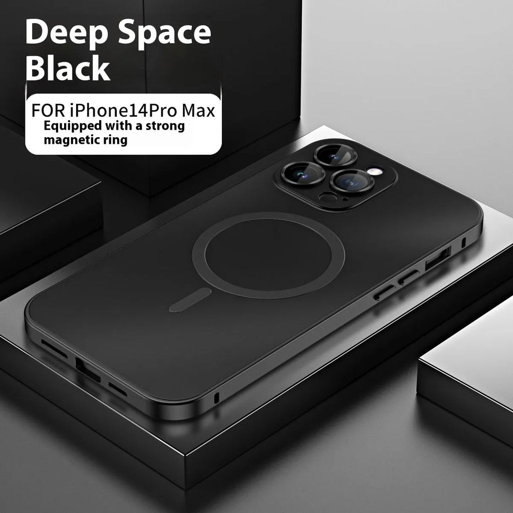 Metal frame spring fastener magnetic phone case in black with frosted finish for iPhone