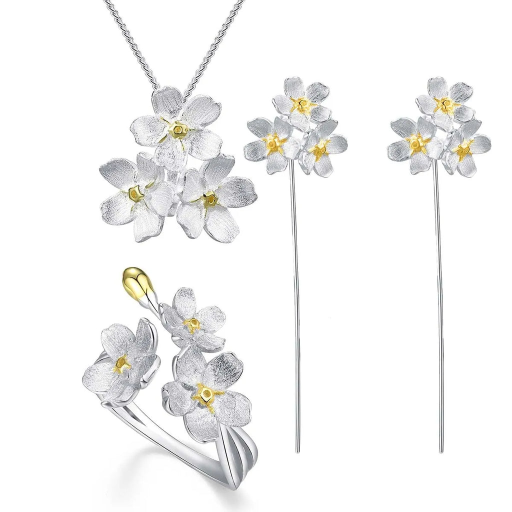 Sterling silver Myosotis sylvatica flower pendant with open-mouth floral design and electroplated finish