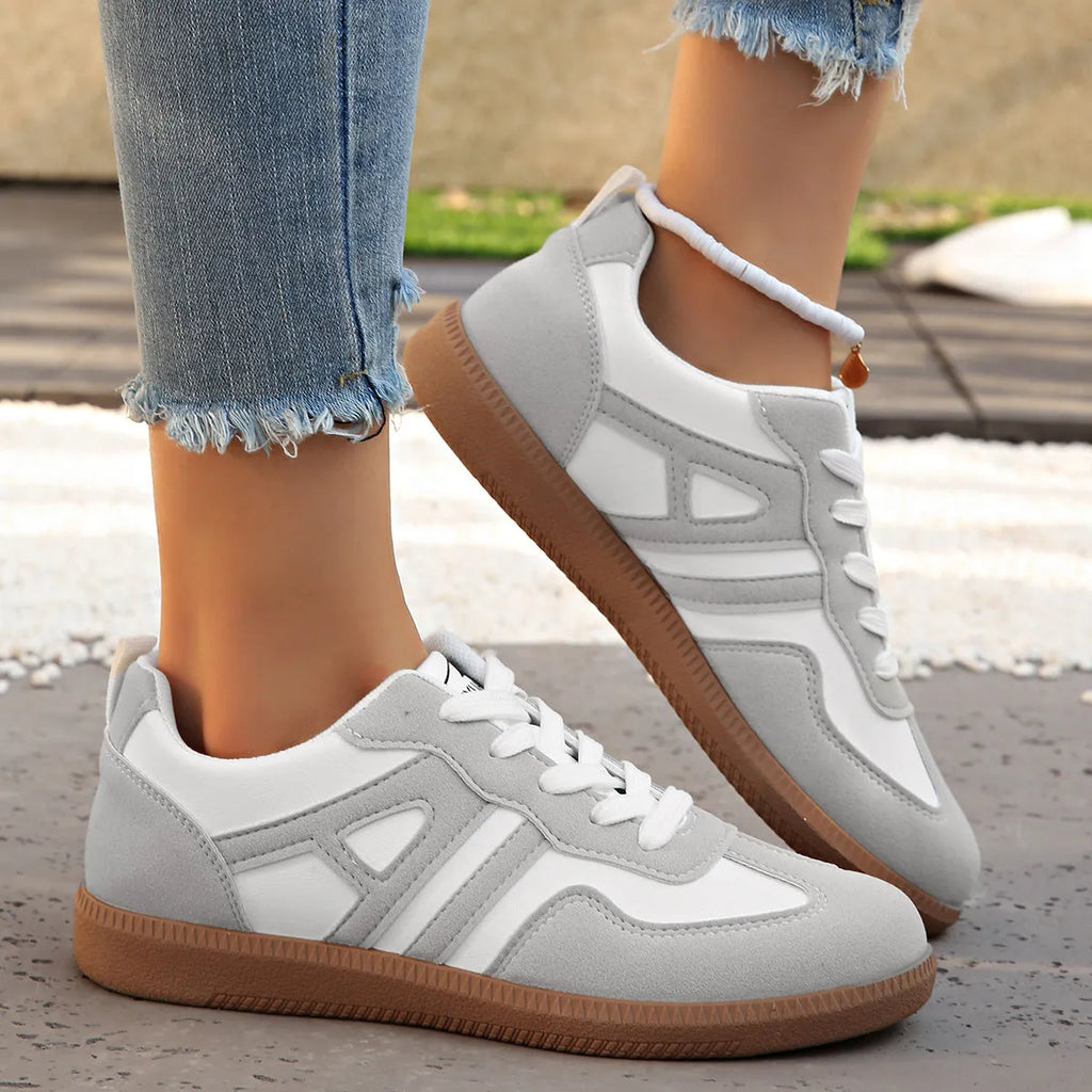 Women's retro colour matching lace-up jogging shoes with platform heel in black, grey, and khaki.