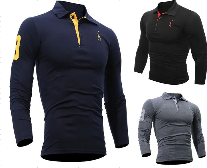 Men's loose fit long sleeve polo collar top with embroidered deer digital design, white or dark blue