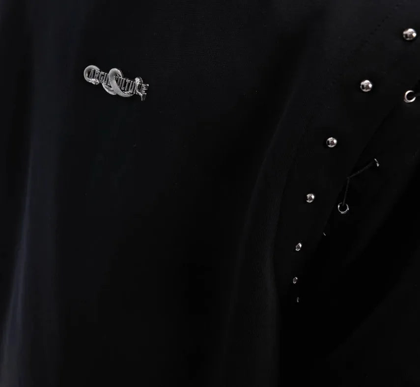 Women's black short sleeve t-shirt with lace-up detail and cutout design on front.