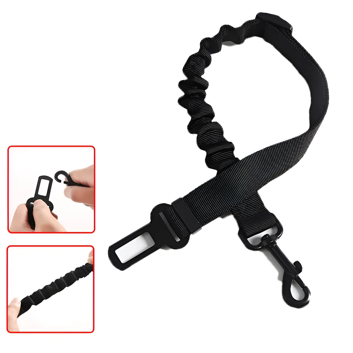 Black nylon pet vehicle retractable safety rope with metal buckle on car seat