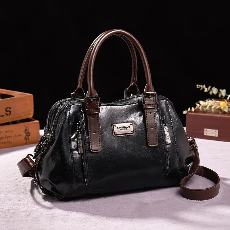 Women's PU leather crossbody shoulder bag with splicing design in black colour, 28x13x20cm