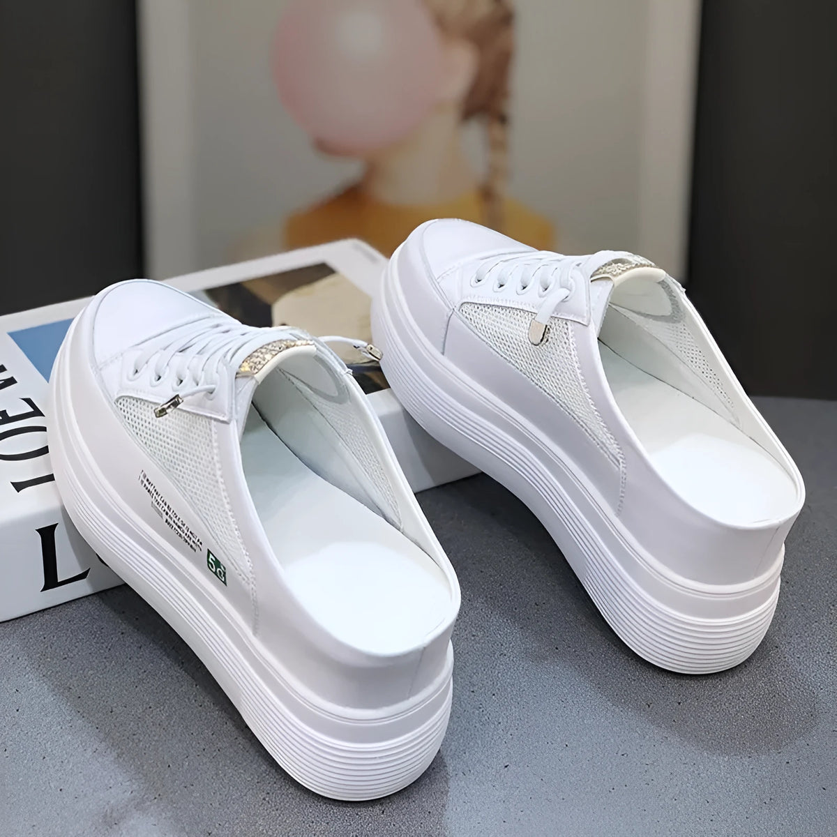 Ladies white platform slip-on shoes with mesh surface, synthetic leather upper and rubber sole, sizes 35-40