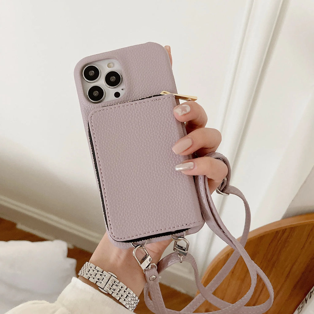 Lychee pattern leather phone case with zipper card holder and lanyard in black colour for iPhone