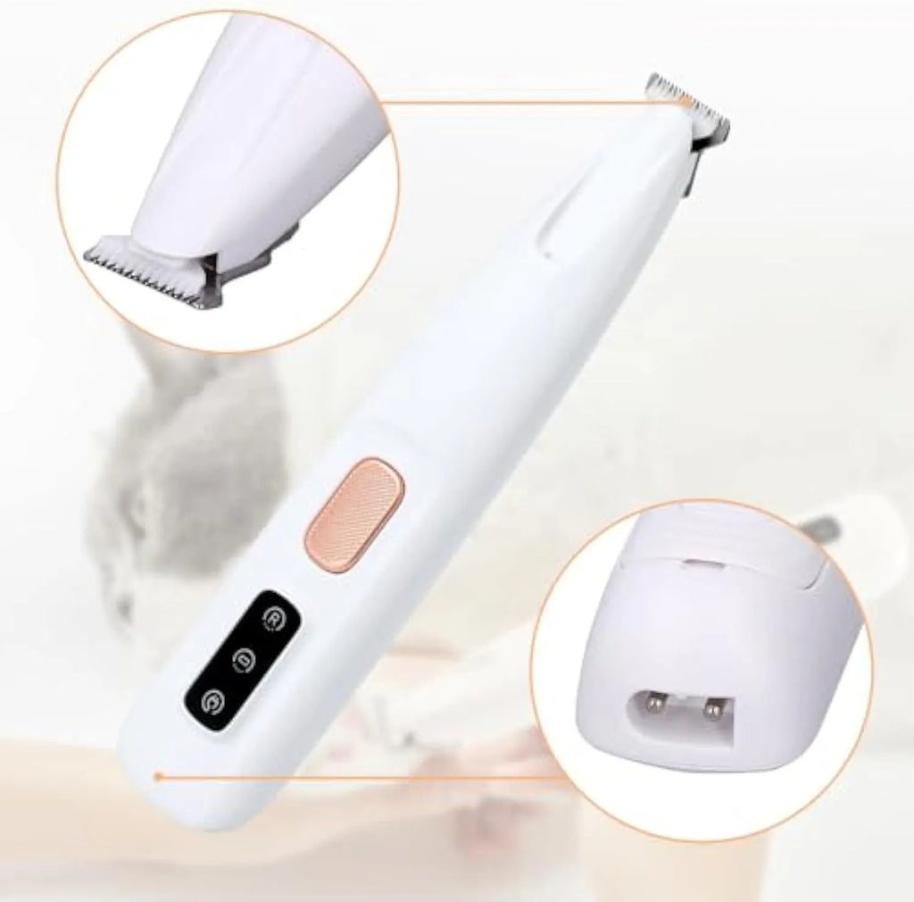 White electric dog paw trimmer with LED light and four attachment options on black background