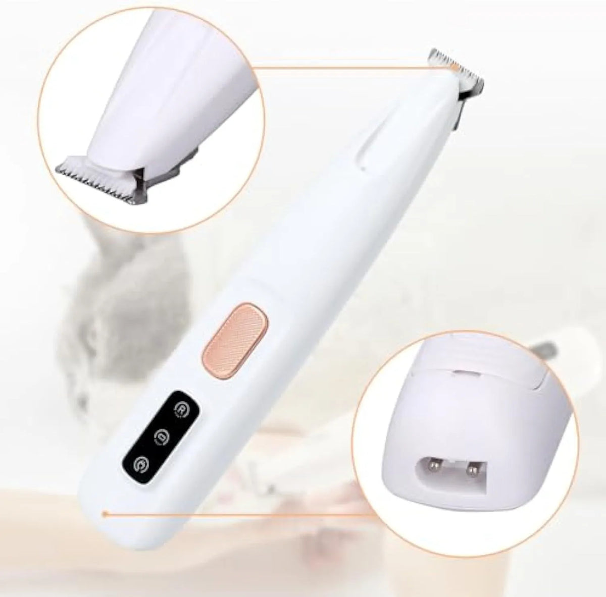 White electric dog paw trimmer with LED light and four attachment options on black background