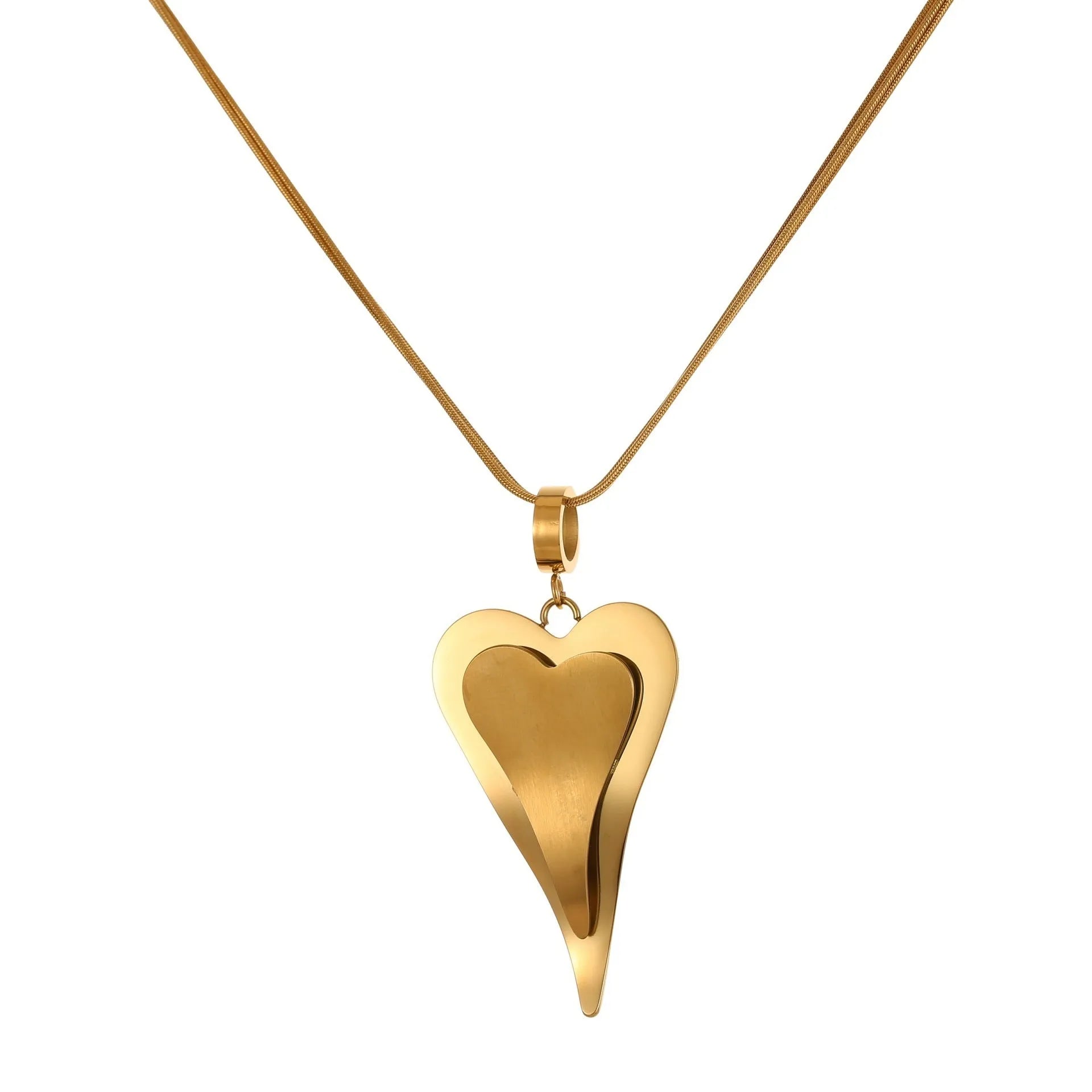 Geometric double heart pendant necklace with snake bones chain pattern in stainless steel