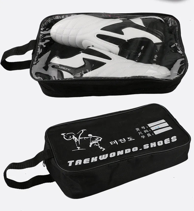 Black and white children's martial arts shoes with soft bottom and widened sole design