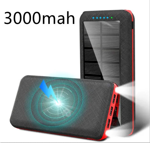 Black portable power bank with wireless Qi charging pad, three USB ports, and LED flashlight for iPhone Samsung Xiaomi phones