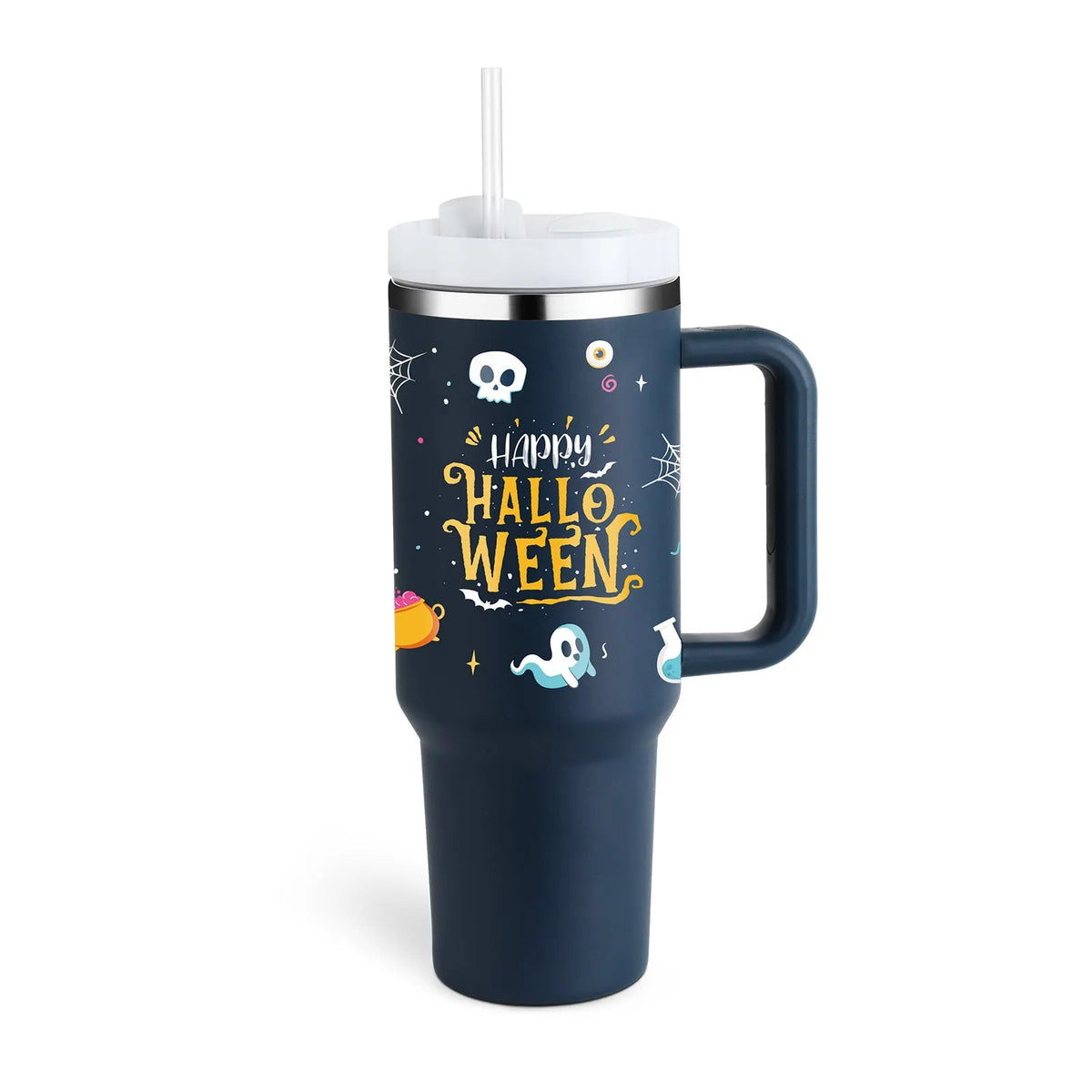 40 oz insulated stainless steel tumbler with handle straw and spill proof lid in a tapered design for car or gym use