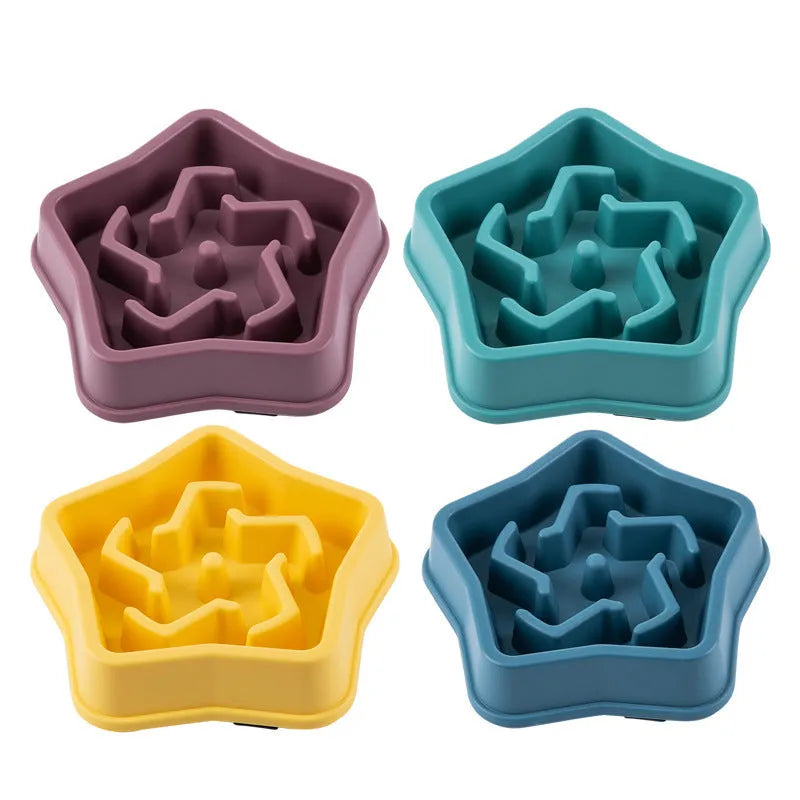 Yellow plastic slow feed dog bowl with textured base to prevent choking, 20.1cm diameter.