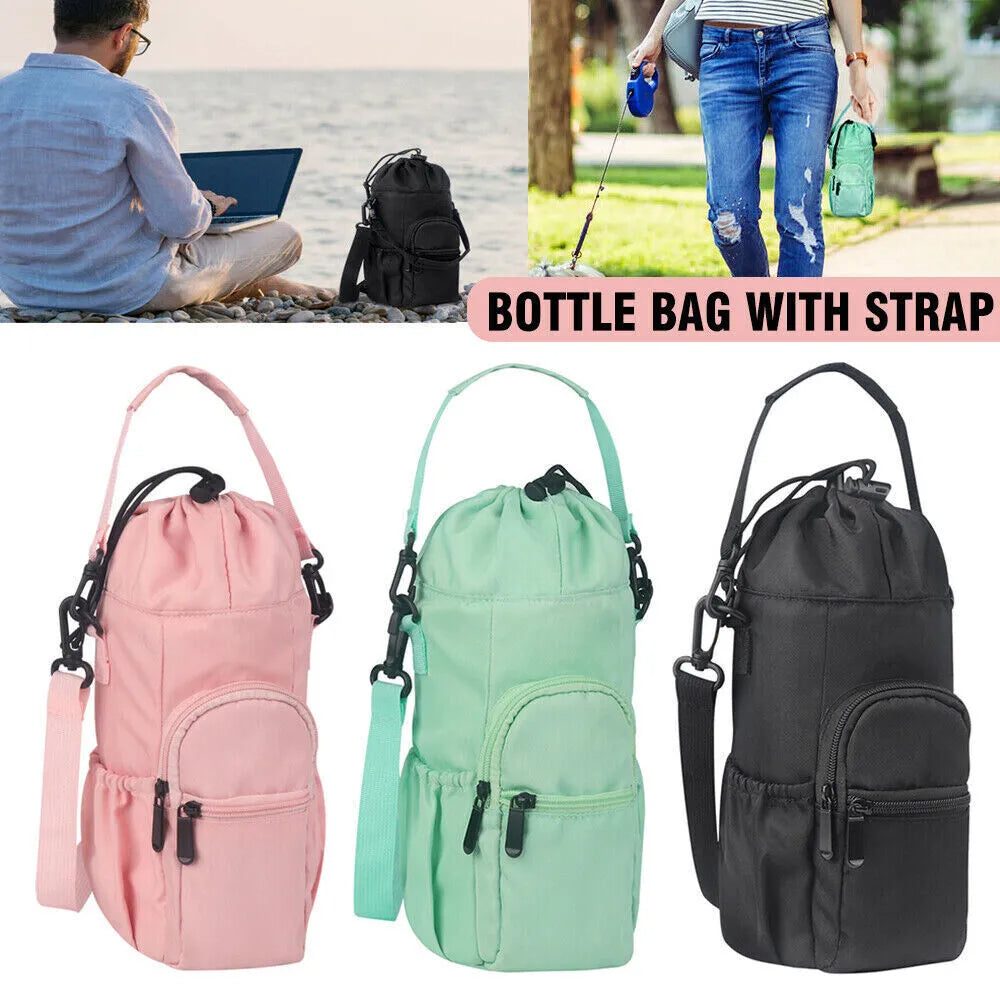 Cloth water bottle shoulder bag crossbody pouch in black, green, or pink.