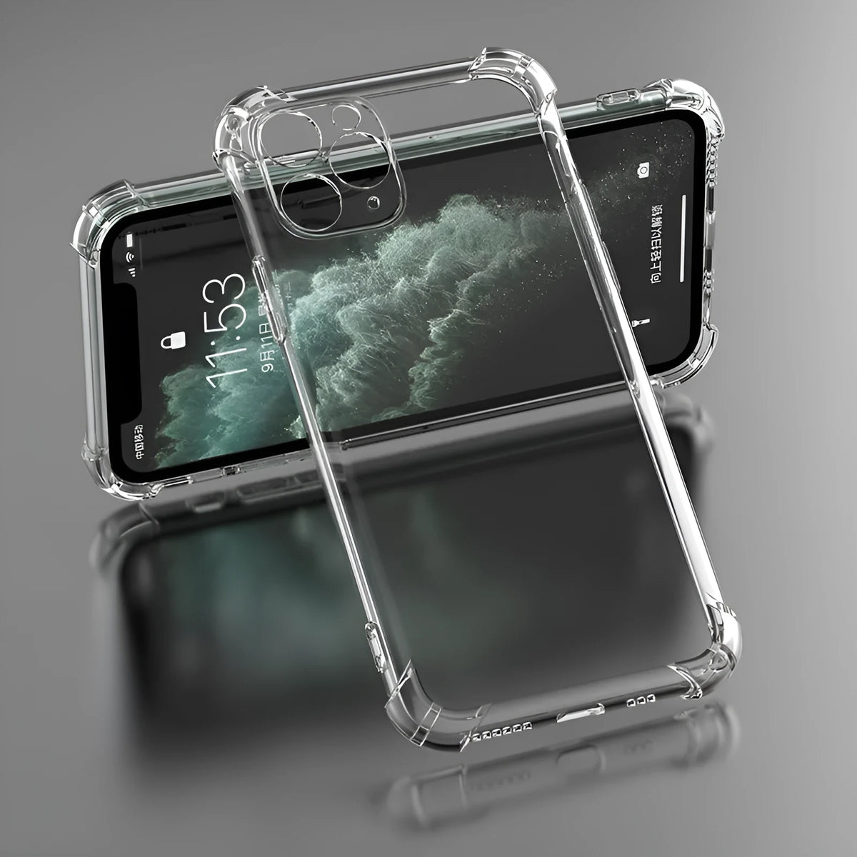 Clear transparent shockproof TPU phone case for Apple iPhone models on a white background.
