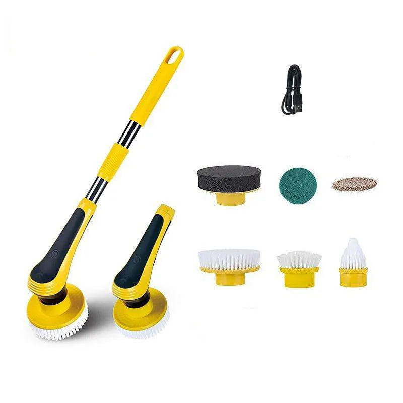Yellow electric cleaning brush with adjustable handle and USB charging cable on bathroom floor
