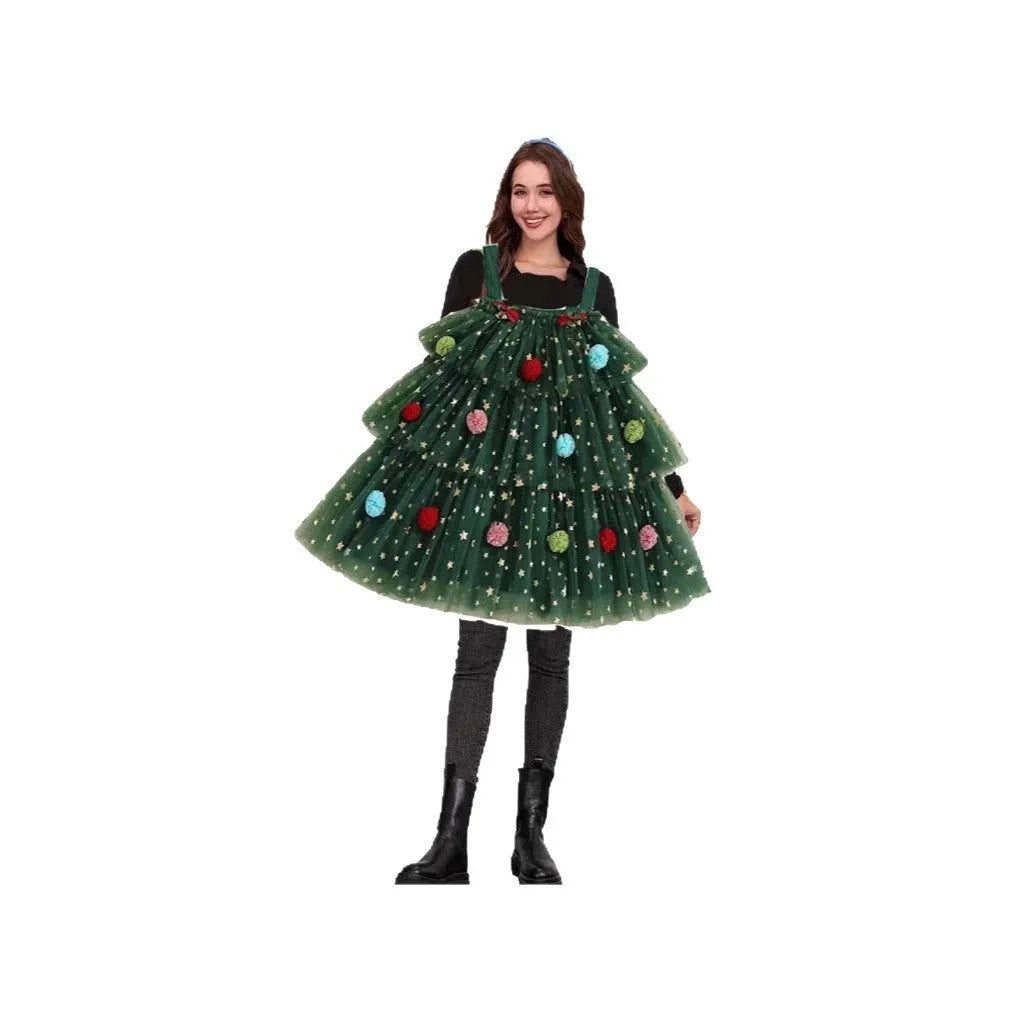 Green mesh women's suspender dress with polka dots, Christmas tree print, and a multi-tiered skirt.
