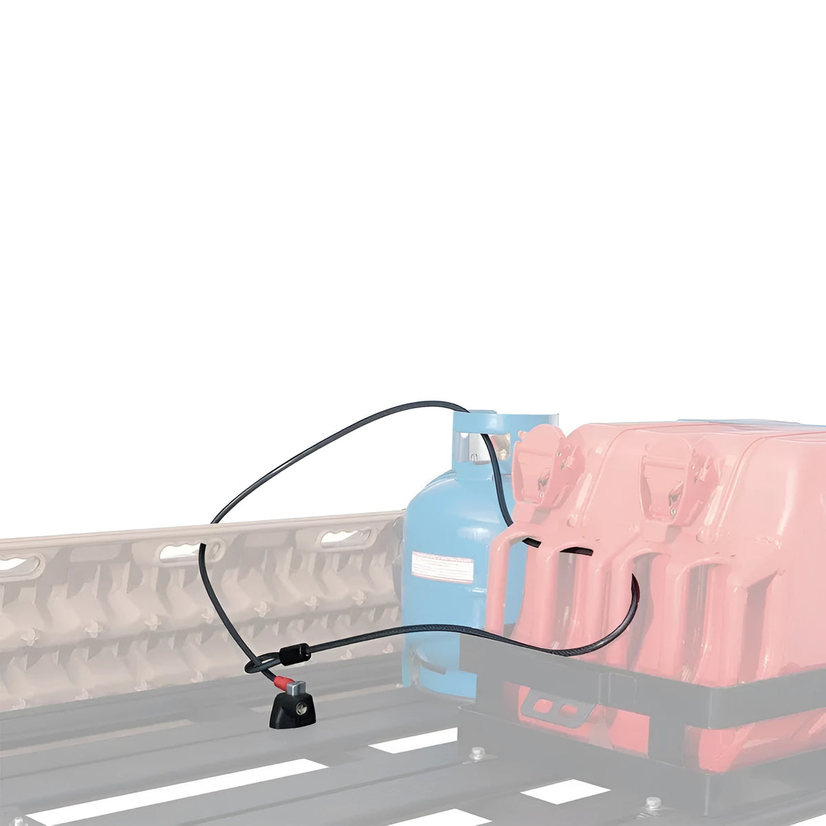 Plastic-sheathed steel cable lock for securing equipment on a vehicle roof platform.