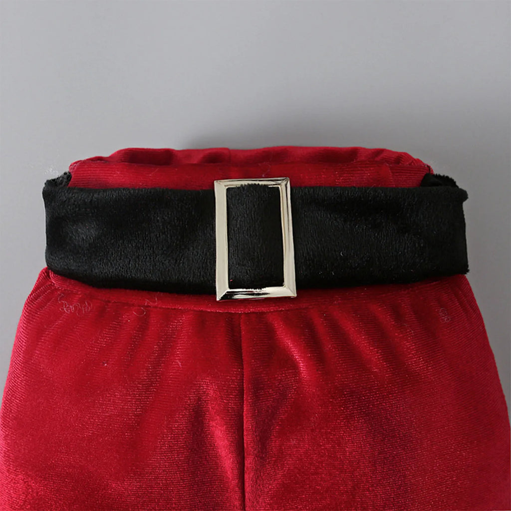 Red Korean velvet children's Christmas three-piece outfit with shirt, bell bottom trousers, and hat for ages 3-8