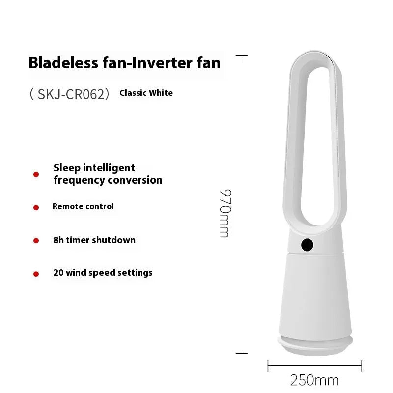 A white bladeless tower fan with a remote control on a wooden floor next to a desk.