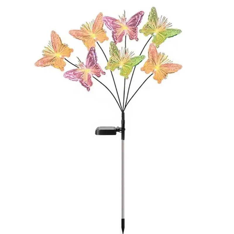 Solar fibre optic garden light in stainless steel with IP55 protection and butterfly, cherry blossom, or mushroom jellyfish style