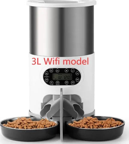 Automatic pet feeder with stainless steel bowl, 3L or 4.5L capacity, button or WiFi control and double meal option