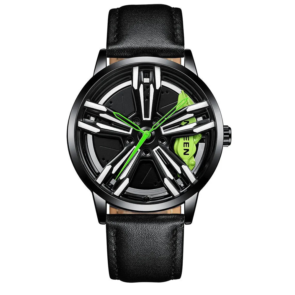 Locomotive men's hollow car quartz watch metal case white steel strap 44mm black steel green surface