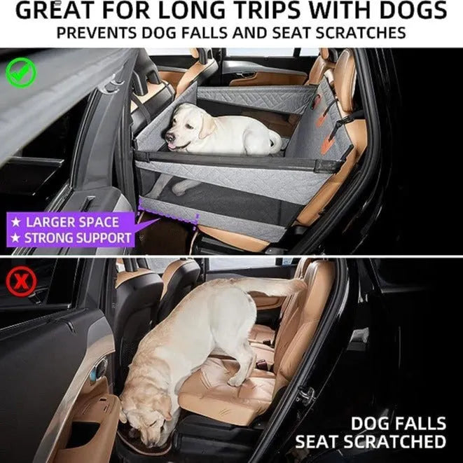 Grey water resistant cloth dog bed measuring 56x56x40 cm for car travel with pets