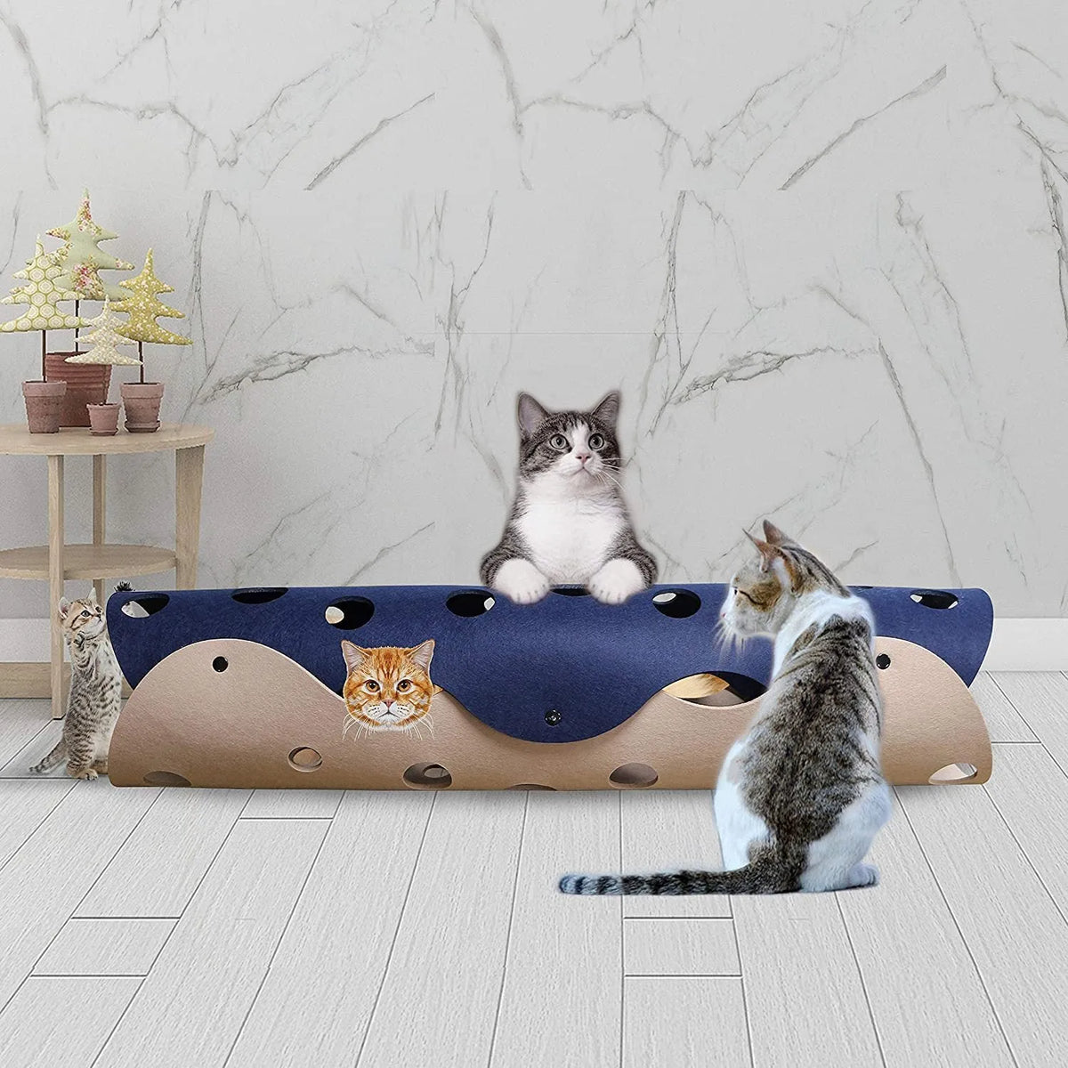 Collapsible felt cat tunnel 92 x 22 cm with peepholes, dual-colour felt surface, for kittens and small pets