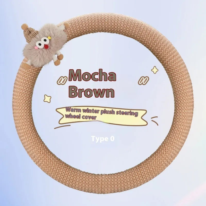 Car plush polo cartoon steering wheel cover in soft short plush material with 38cm diameter in multiple colour options