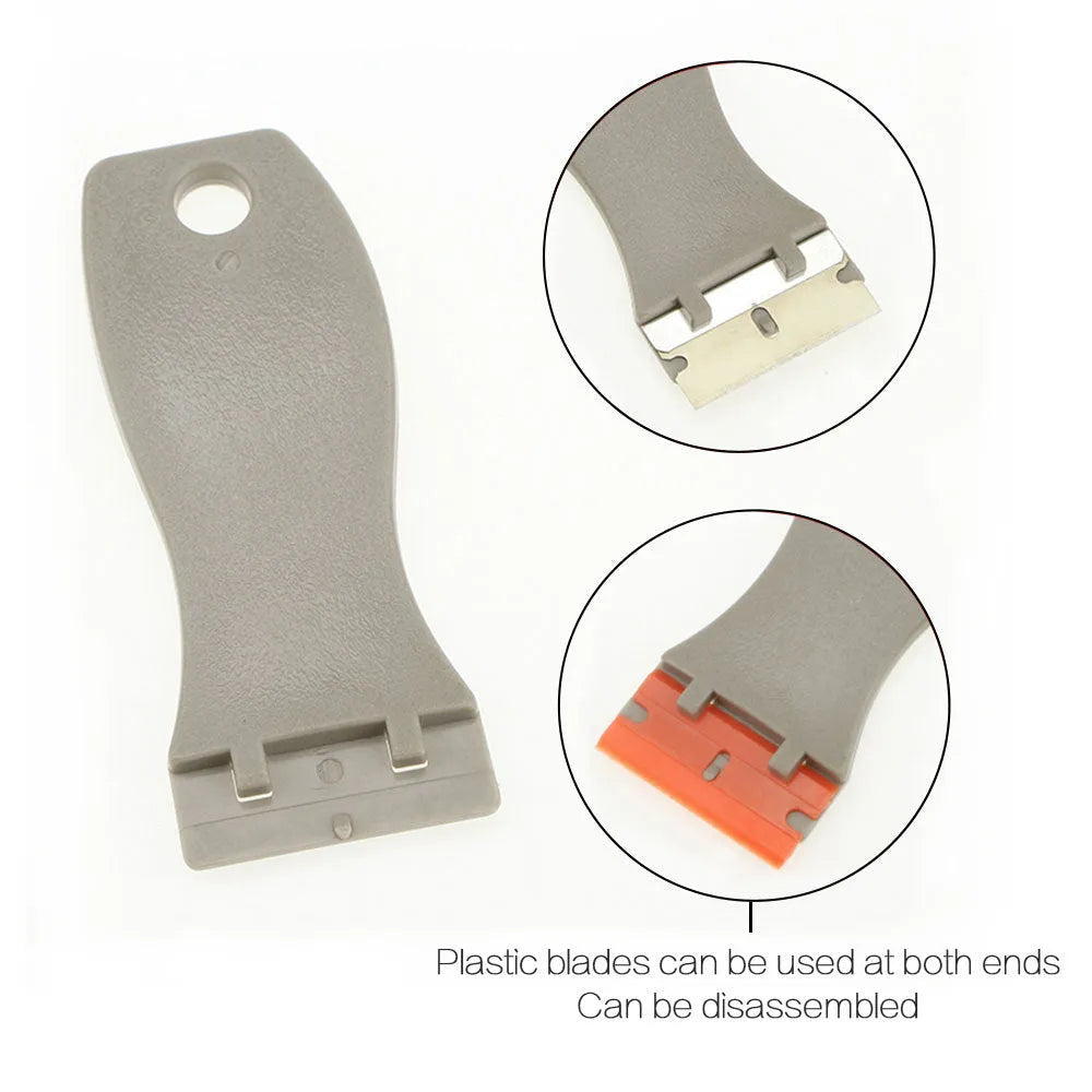 Car film glue removal scraper with stainless steel 40mm blade and grey plastic handle on white background