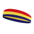 Colourful sports headband for adults in multicolour combinations, shown with 5.5x20 cm dimensions.
