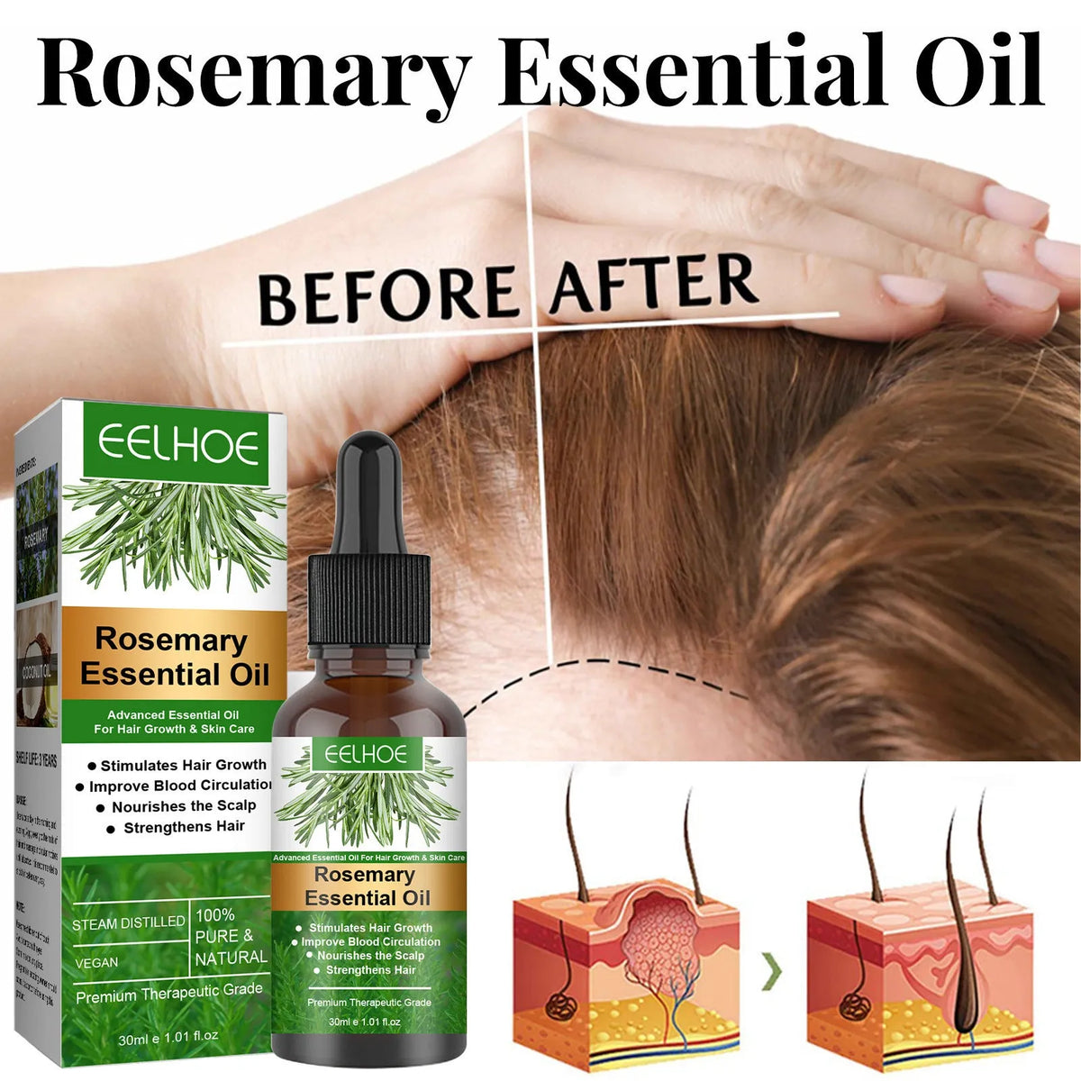 Rosemary anti-breakage nourishing hair oil 30ml box with coconut oil treatment