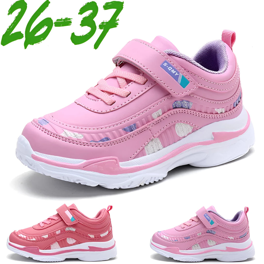 Kids soft sole sneakers in pink, purple, or black with faux leather upper, rubber sole, lace-up bandage design, mid heel 3-5cm, sizes 26-37