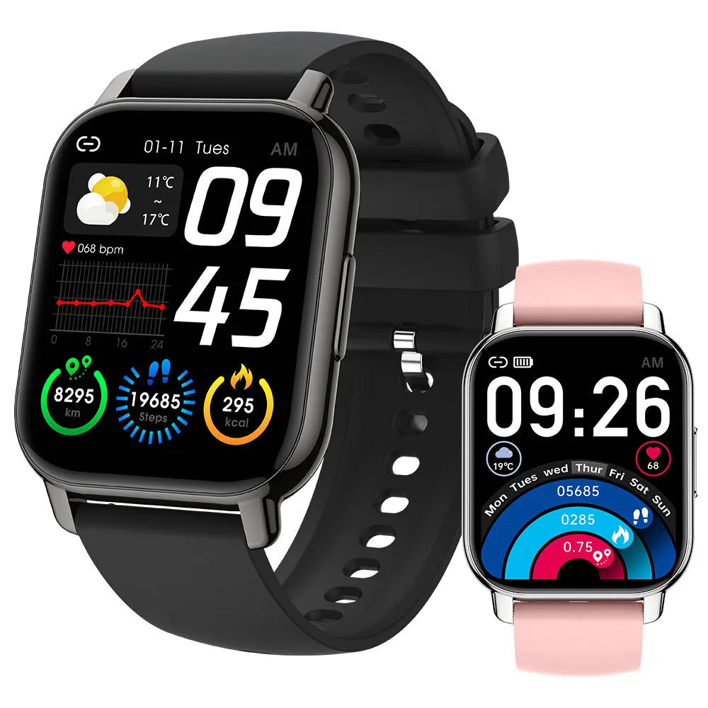 P66 smart watch with 1.85-inch TFT screen silicone wristband in black shell and dark blue strap
