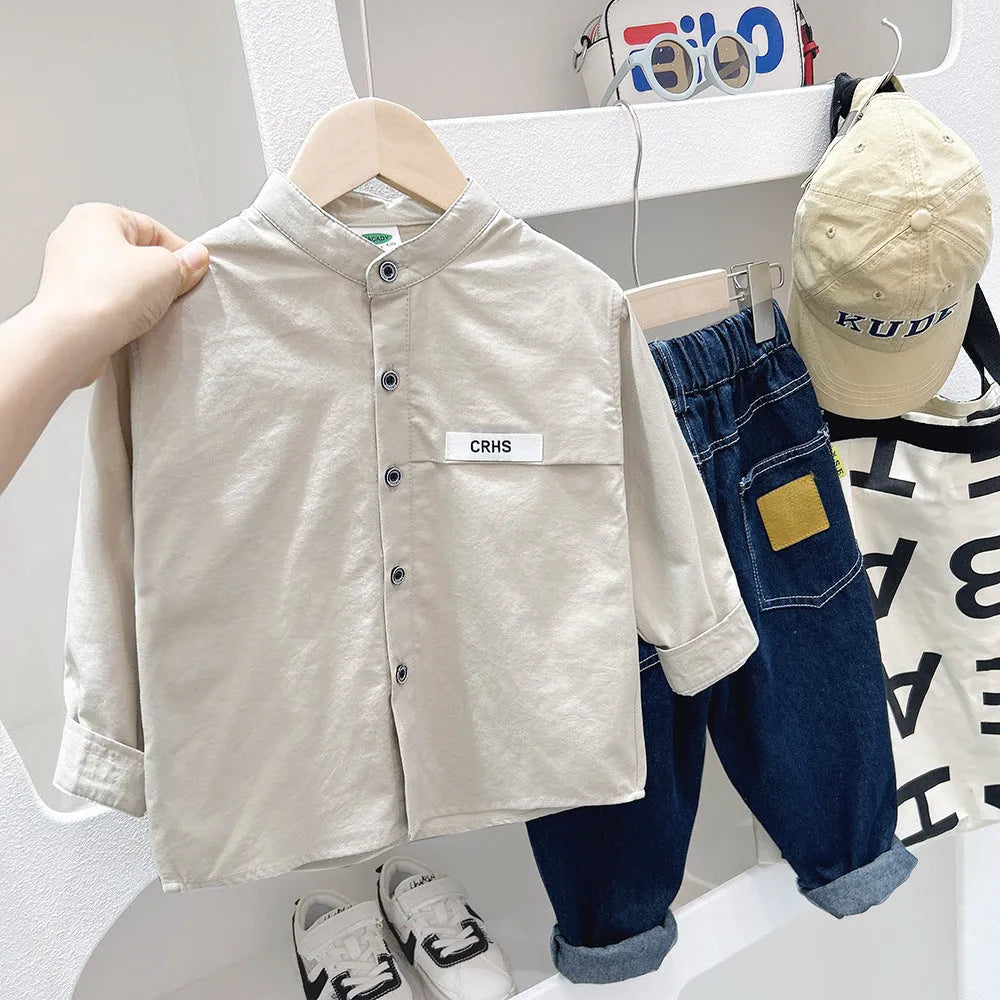Boys casual solid colour long sleeve cotton shirt in green khaki or white