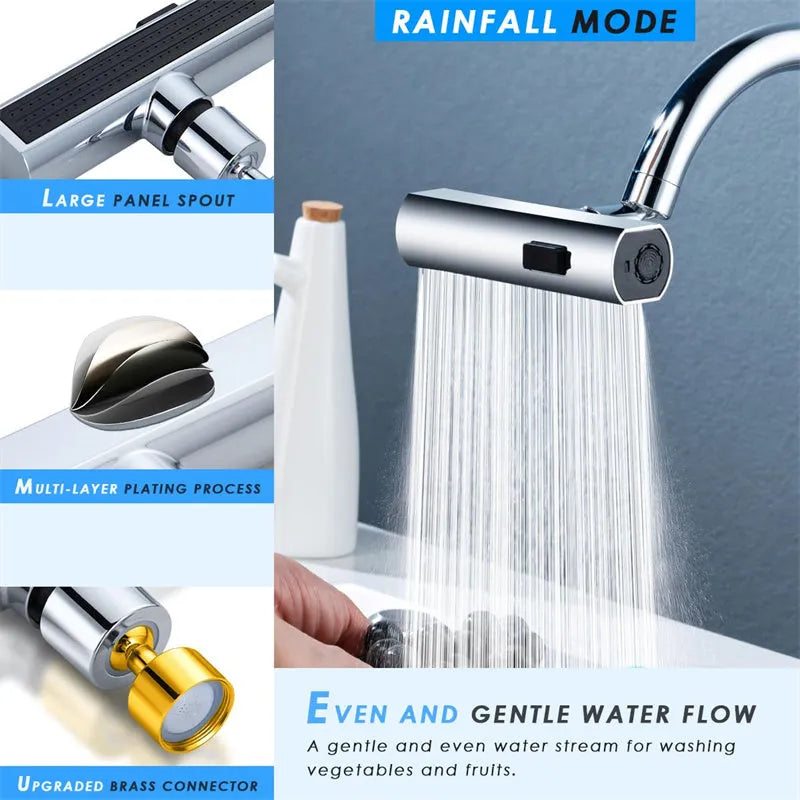 Black ABS kitchen faucet extension with rotating bubbler and waterfall outlet mode on a modern sink