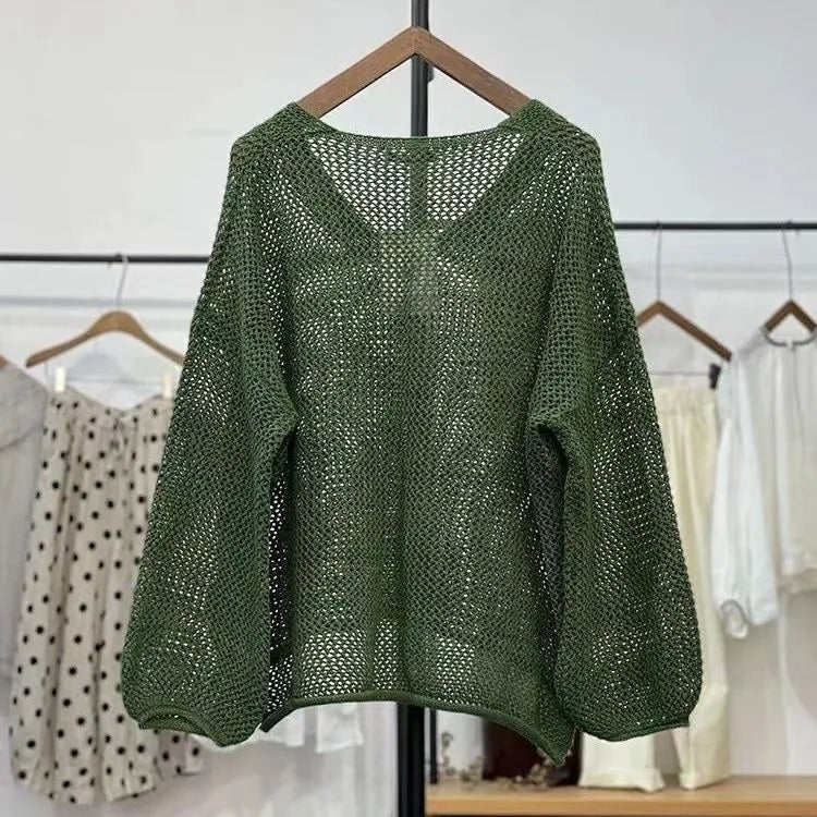 Loose mesh top with 3/4 princess sleeves in green, purple, brown or apricot white