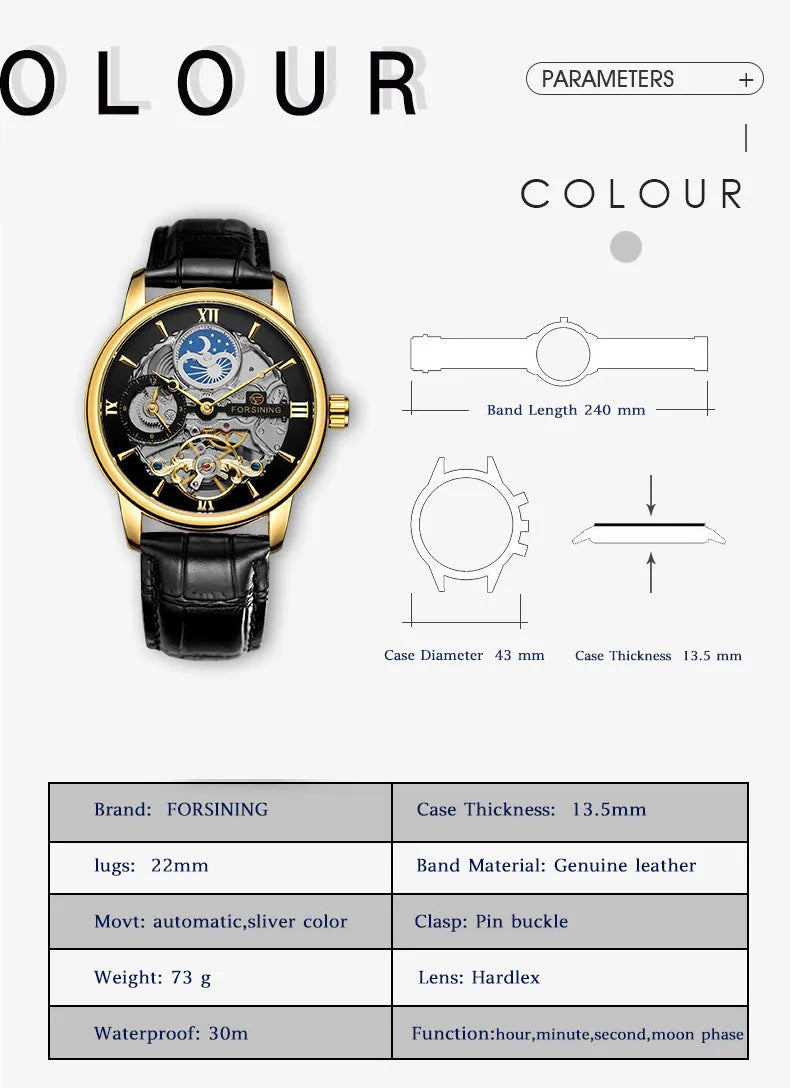 Automatic mechanical watch with hollow moon dial, 13.5mm thick, gold or silver case, black gold blue or white face