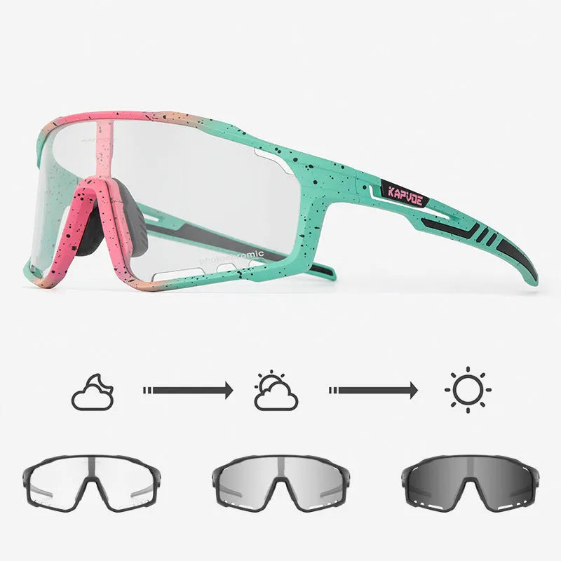 Photochromic cycling sunglasses with semi-rimless TR90 frame on a solid colour background