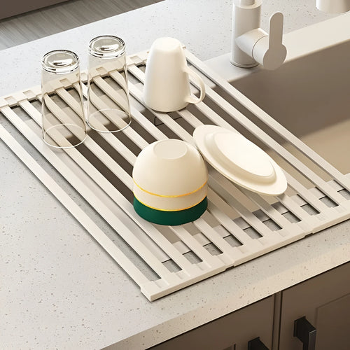 Milky white 304 stainless steel foldable kitchen draining rack over sink